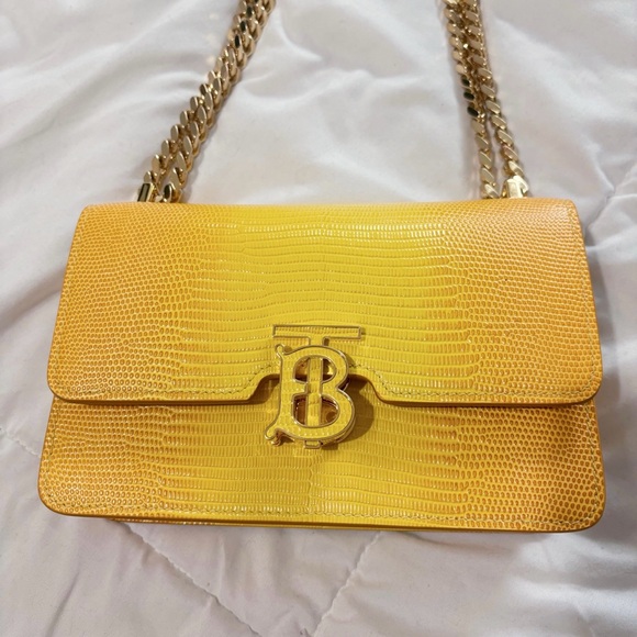 Burberry Elongated TB Croc Embossed Leather Crossbody Bag in Cool Lemon/Margld - Picture 2 of 7